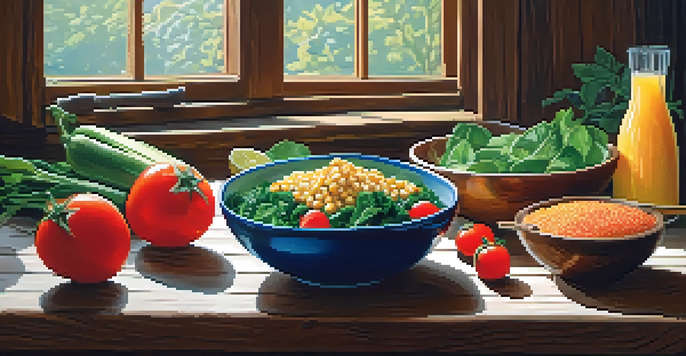 A colorful plant-based meal displayed on a wooden table, showcasing a variety of fresh fruits and vegetables, with quinoa and juice in the scene.