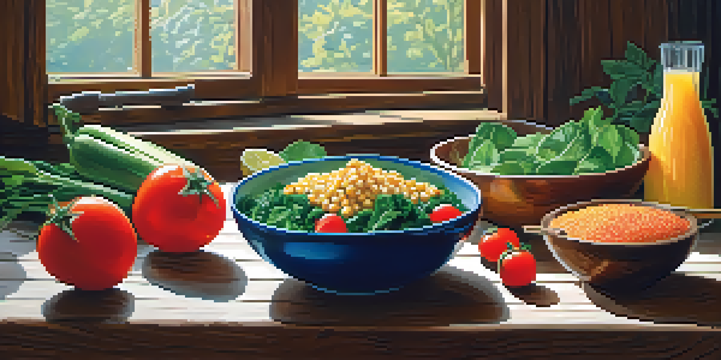 A colorful plant-based meal displayed on a wooden table, showcasing a variety of fresh fruits and vegetables, with quinoa and juice in the scene.