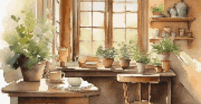 A cozy coffee shop bathed in morning sunlight, with a cup of coffee, a notebook, and a potted plant on a table.