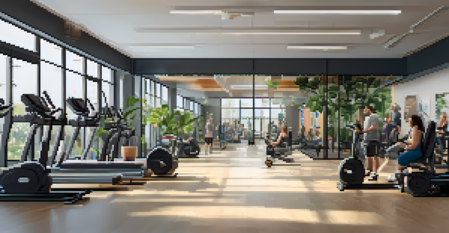 An inclusive gym interior with adjustable workout machines and wide spaces, featuring a person in a wheelchair using a machine, surrounded by plants and motivational quotes.