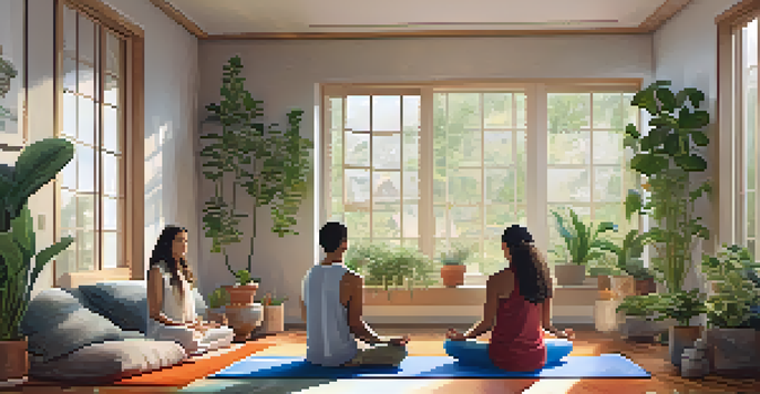 A diverse family meditating together in a cozy living room filled with plants and natural light.