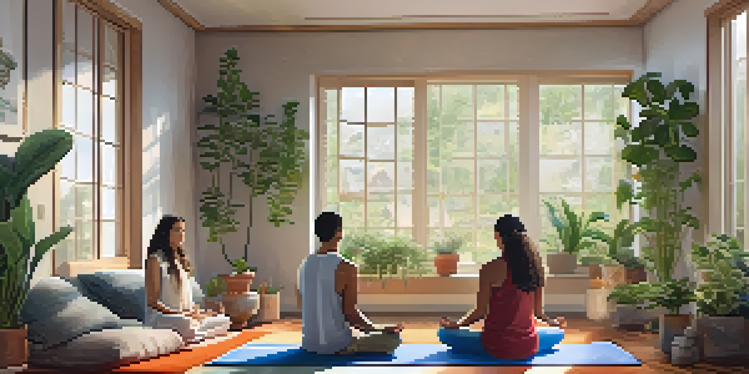 A diverse family meditating together in a cozy living room filled with plants and natural light.