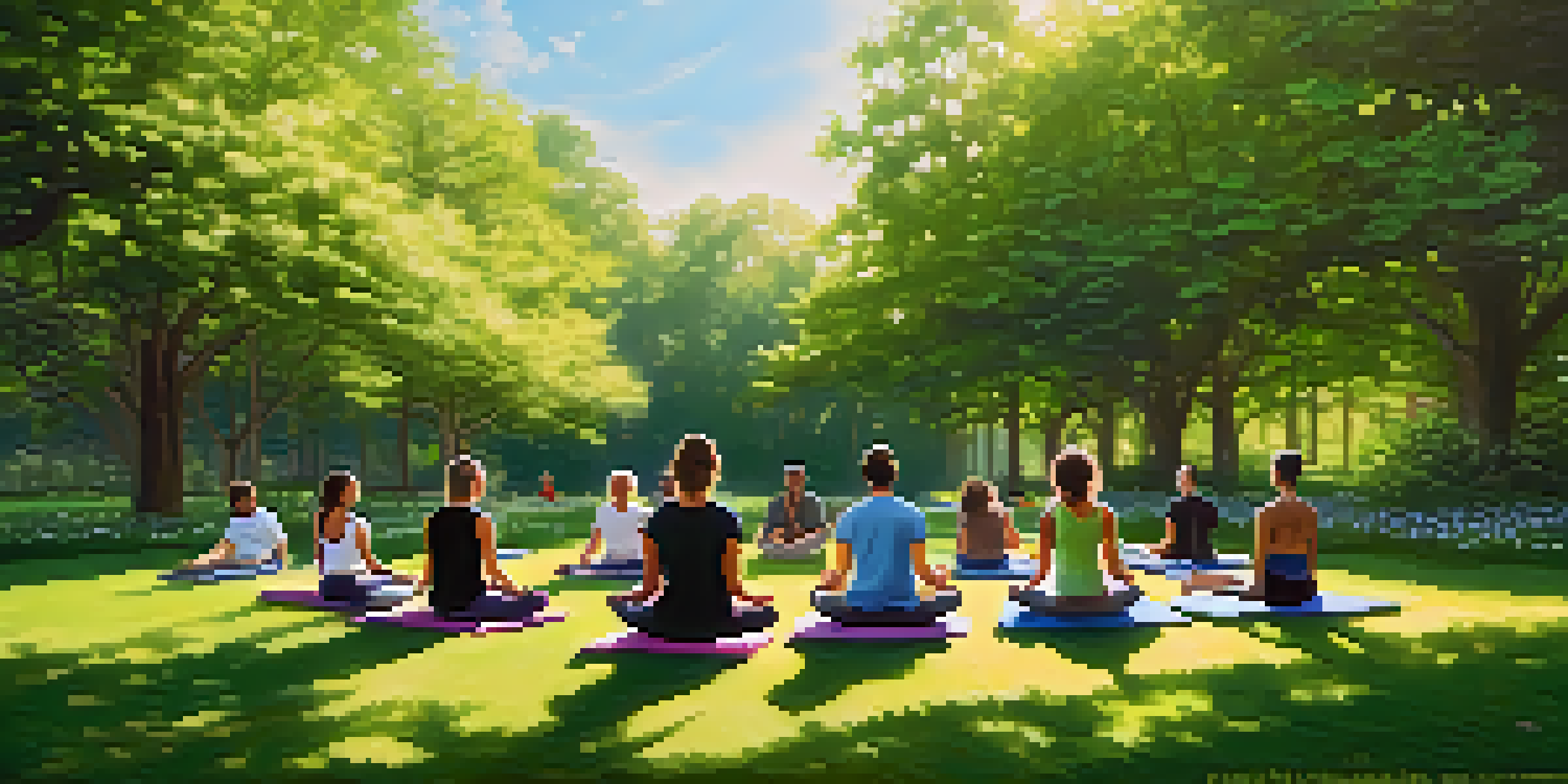 A diverse group of individuals practicing mindfulness in a peaceful park surrounded by nature.
