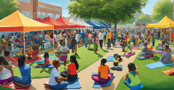 A lively community health fair with diverse individuals participating in activities and engaging with health booths under sunny weather.