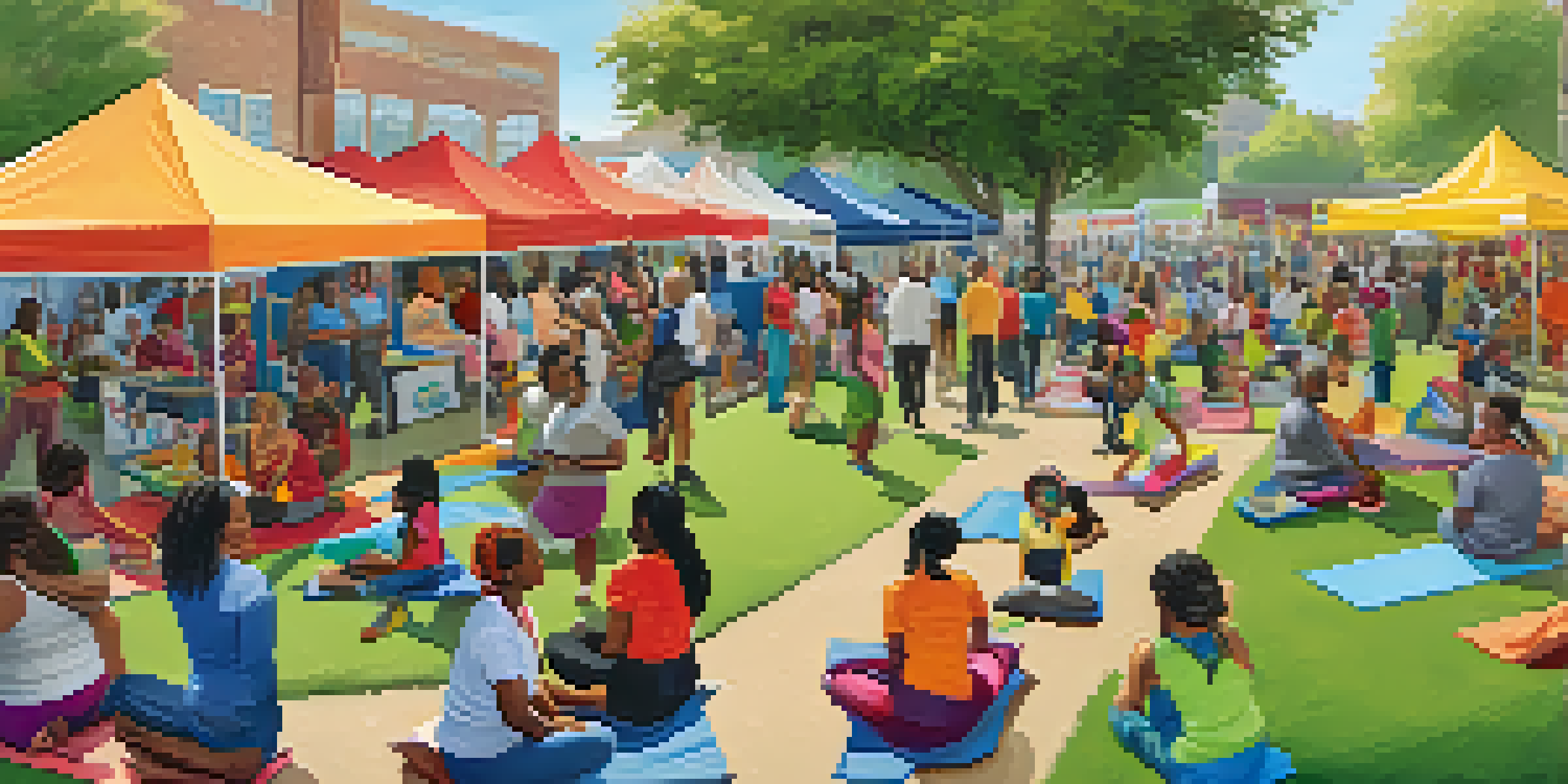 A lively community health fair with diverse individuals participating in activities and engaging with health booths under sunny weather.