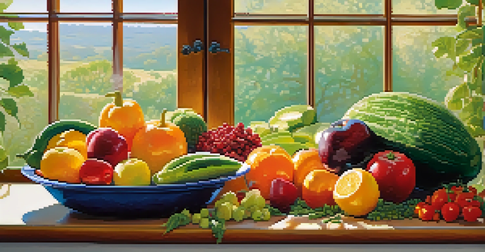 A kitchen counter filled with a variety of fresh fruits and vegetables, illuminated by natural sunlight.