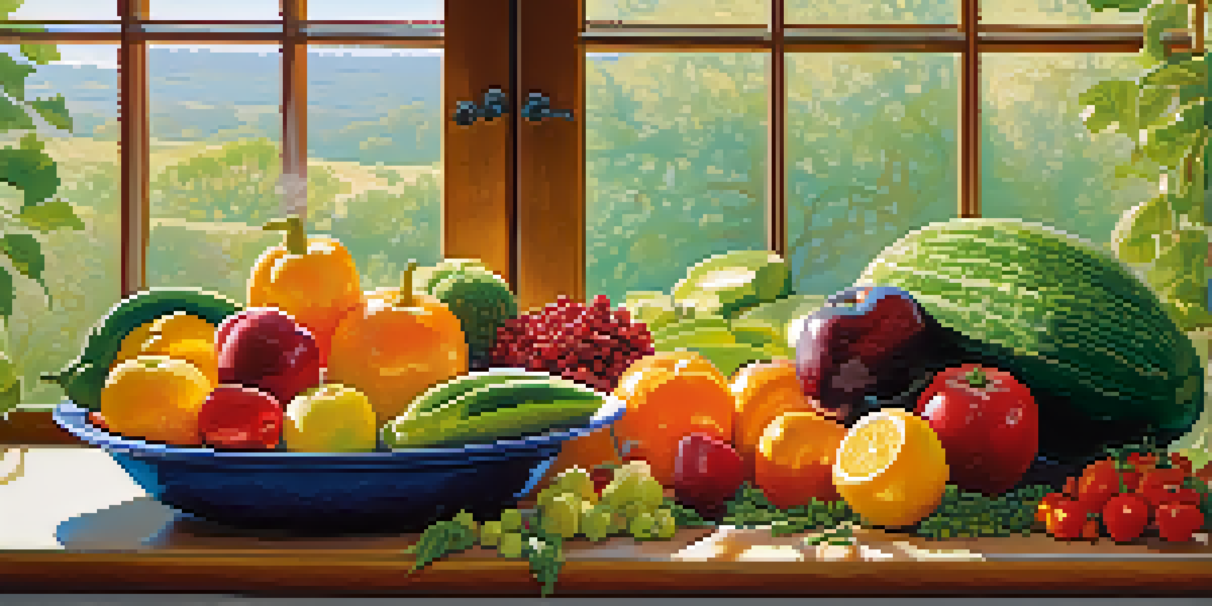 A kitchen counter filled with a variety of fresh fruits and vegetables, illuminated by natural sunlight.