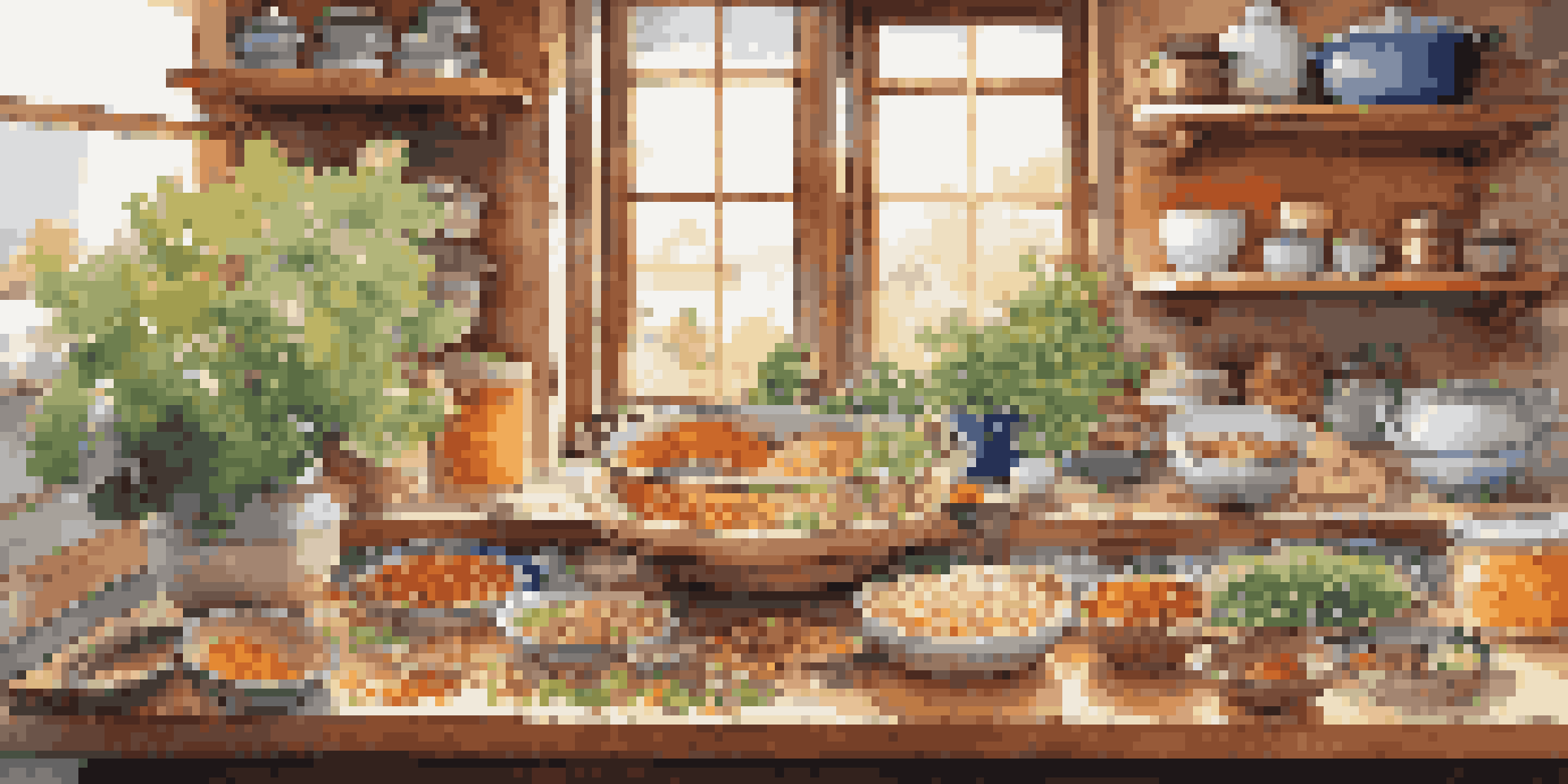 A colorful kitchen counter displaying various foods rich in Vitamin K2 including natto, kimchi, cheese, and egg yolks, with soft natural lighting and potted herbs in the background.