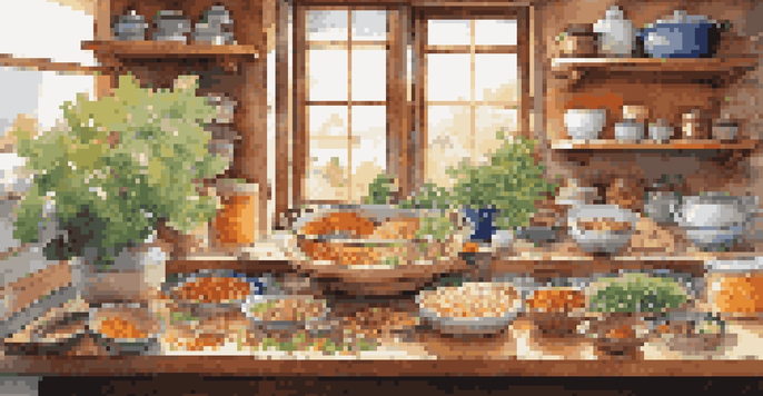 A colorful kitchen counter displaying various foods rich in Vitamin K2 including natto, kimchi, cheese, and egg yolks, with soft natural lighting and potted herbs in the background.