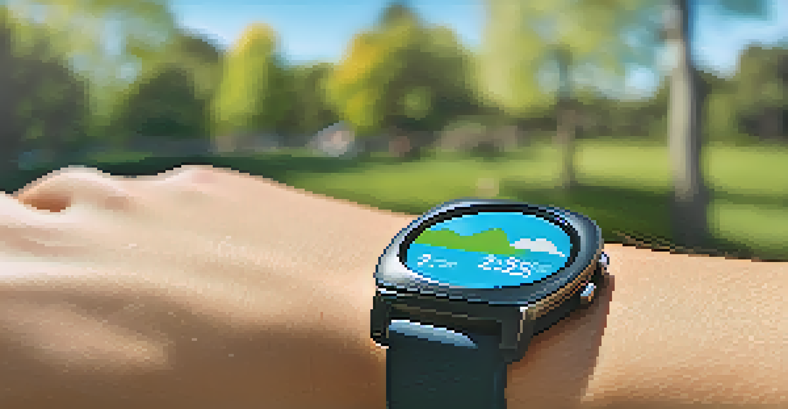 A smartwatch showing health metrics while a person exercises in a sunny park.