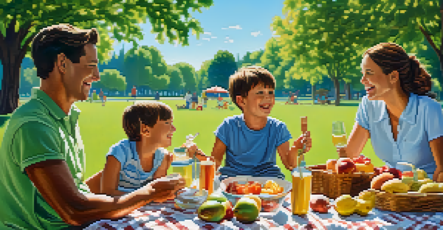 A happy family having a picnic in a sunny park, with children playing and parents enjoying food.