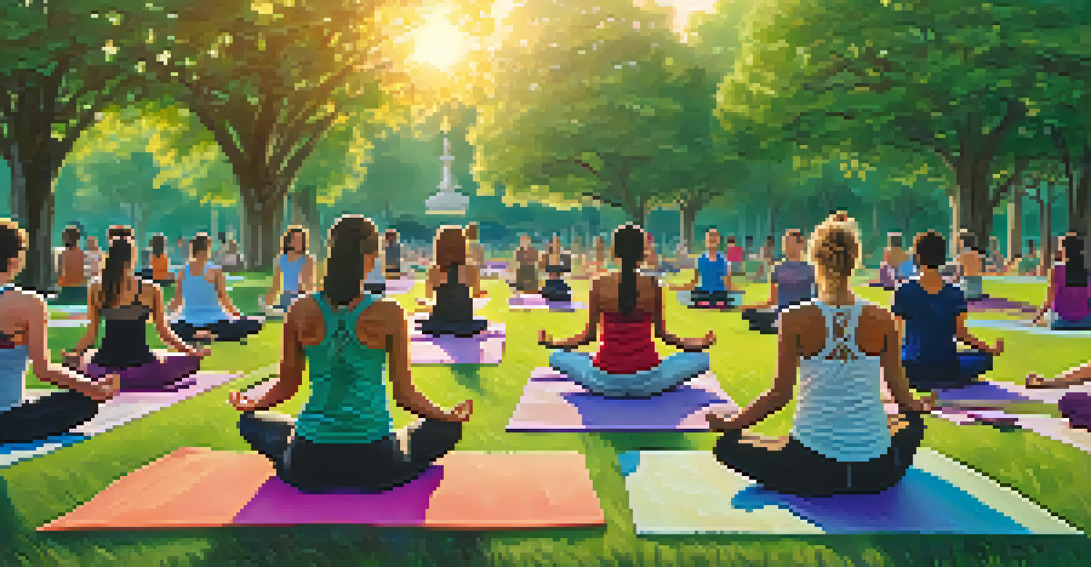 A diverse group of people practicing yoga in a park during sunset.