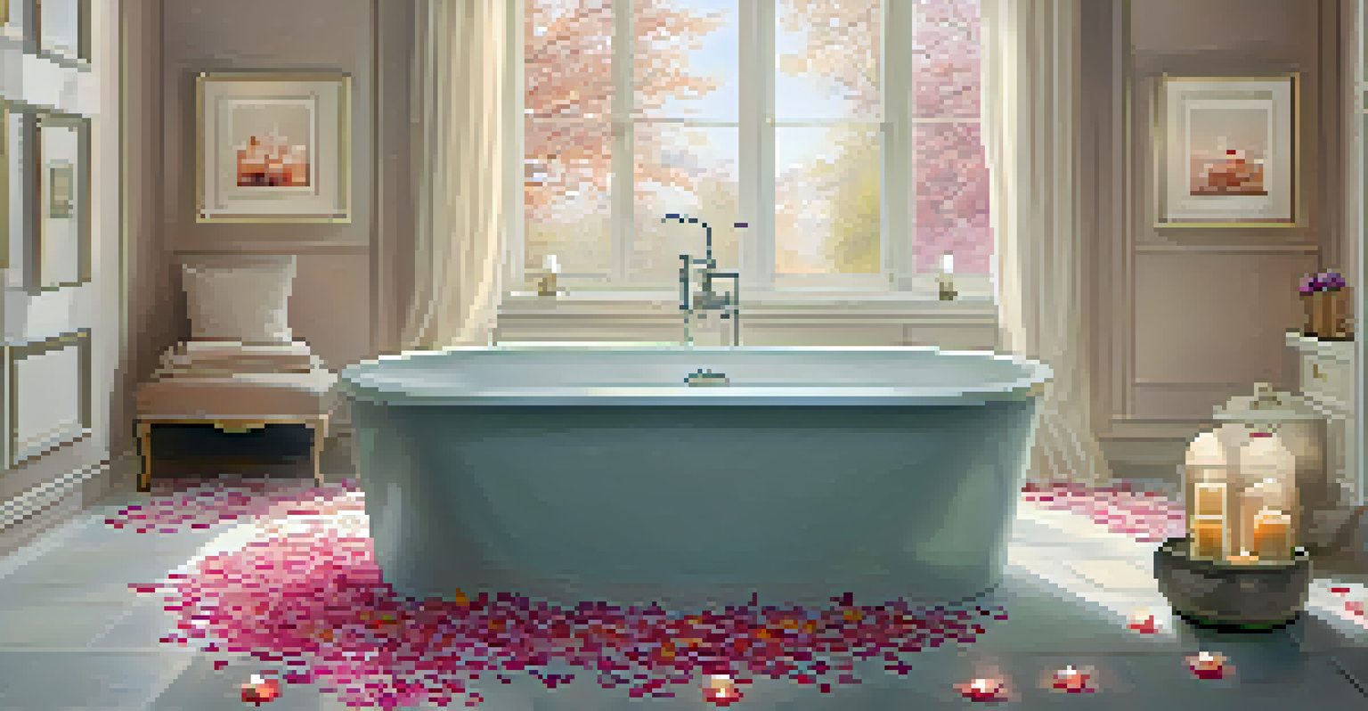 A tranquil bathroom with a warm bath filled with flower petals, essential oils, and a flickering candle beside the tub.