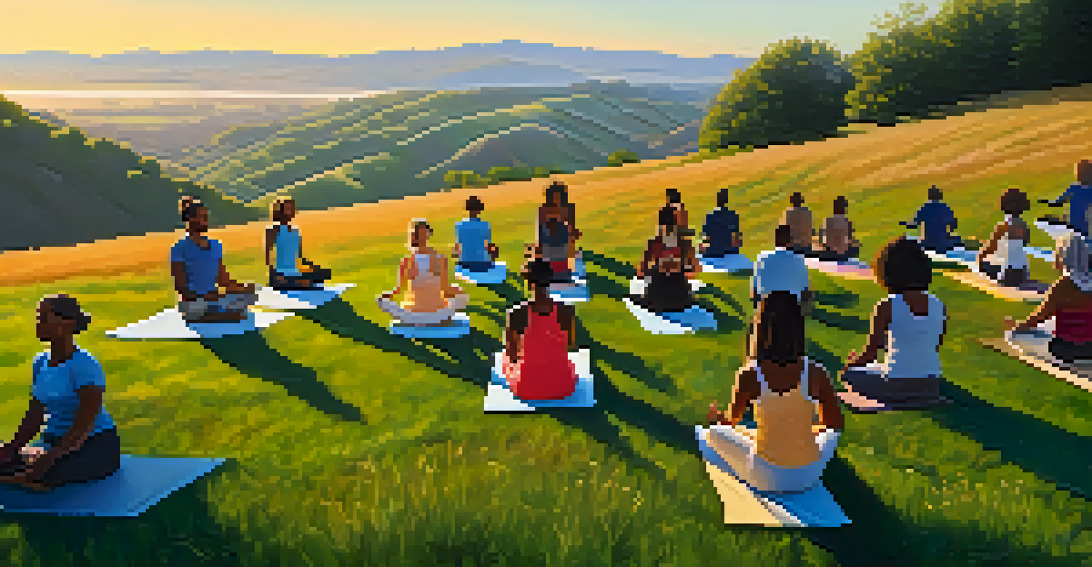A diverse group of people practicing yoga on a grassy hill at sunrise, highlighting community and health.