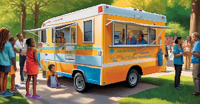 A mobile health clinic in a park with healthcare workers and families, emphasizing community engagement and health services.
