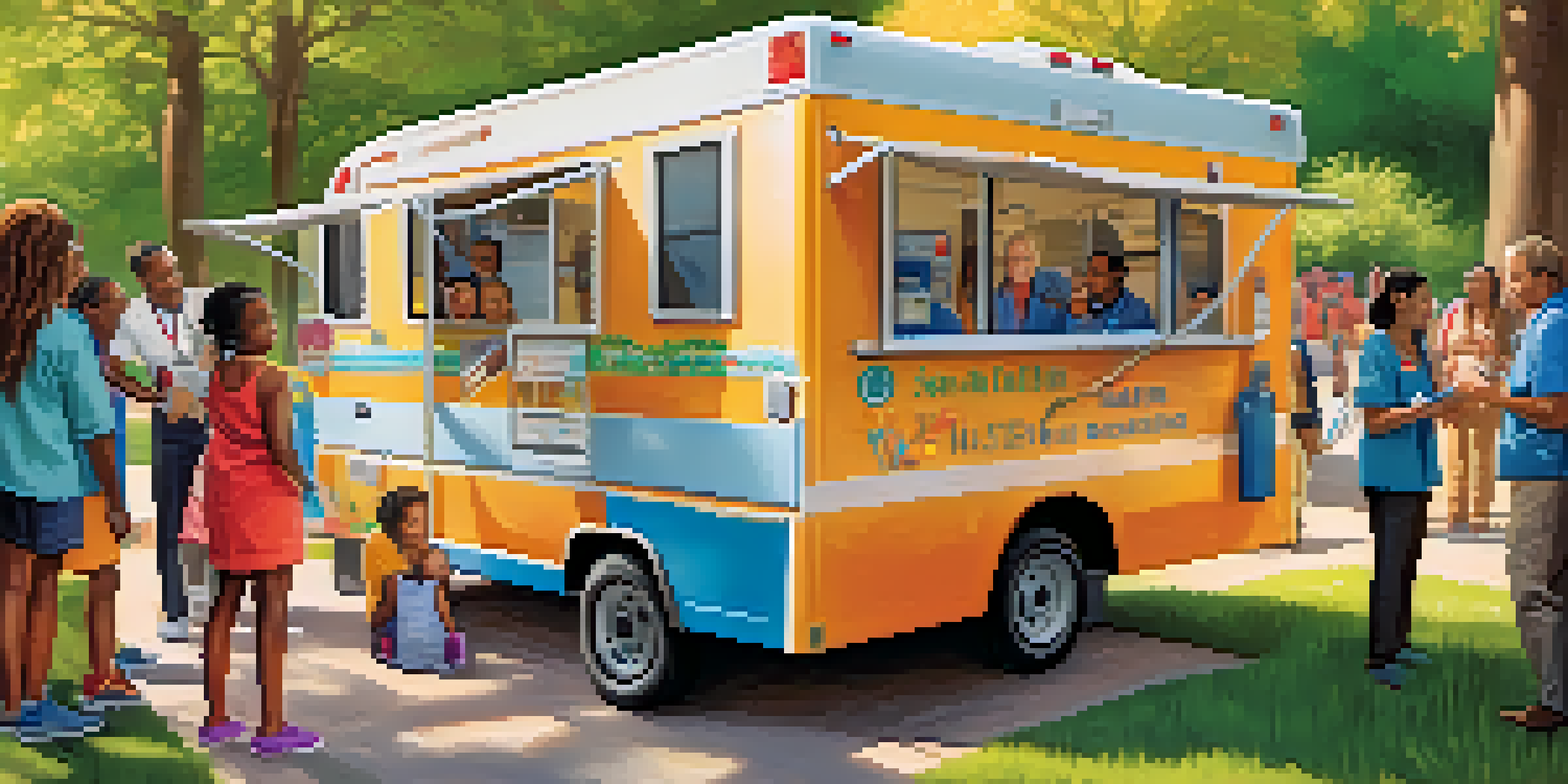 A mobile health clinic in a park with healthcare workers and families, emphasizing community engagement and health services.