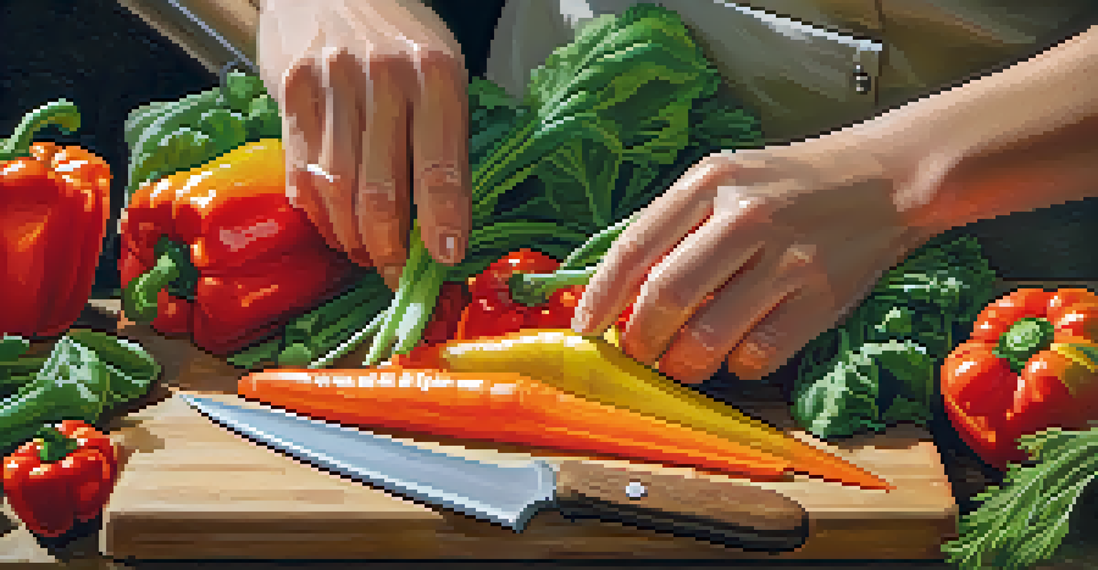 Close-up of hands chopping fresh vegetables on a cutting board, showcasing the vibrant colors of ingredients in a kitchen setting.
