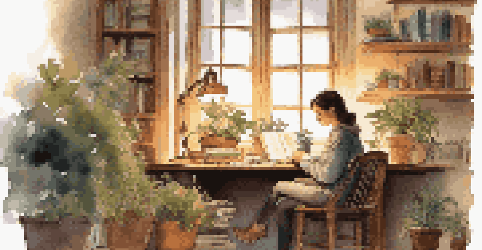 A person journaling at a desk in a warmly lit room adorned with plants and books, showing a thoughtful expression.