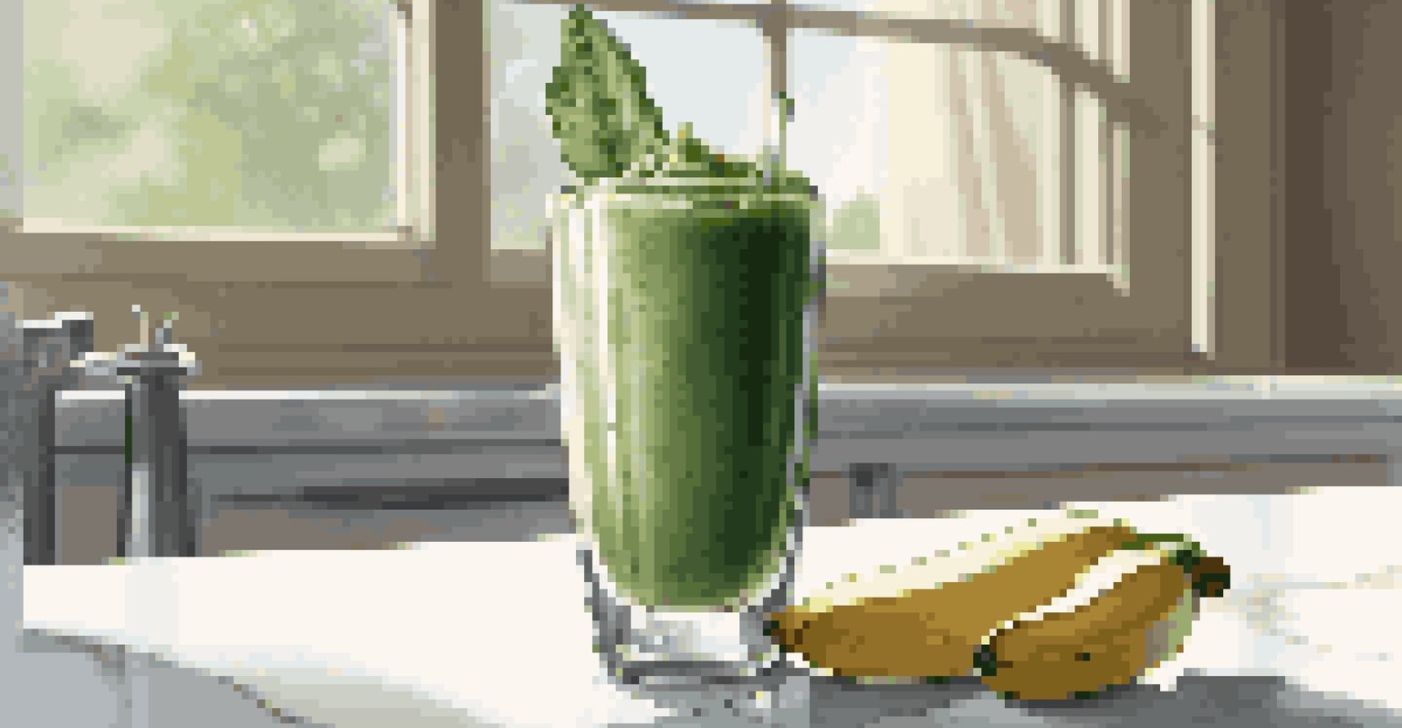 A green smoothie made with spinach and bananas in a glass, garnished with a banana slice, on a marble countertop with sunlight.