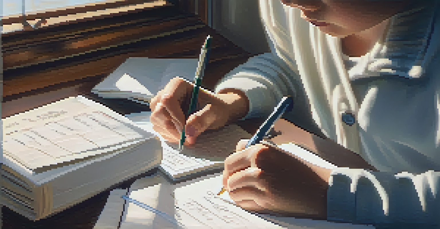 A close-up of a notebook filled with notes about family health history, with a pen beside it in a sunlit setting.