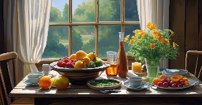 A peaceful dining table with vibrant fruits, vegetables, and a bowl of soup, illuminated by soft natural light.