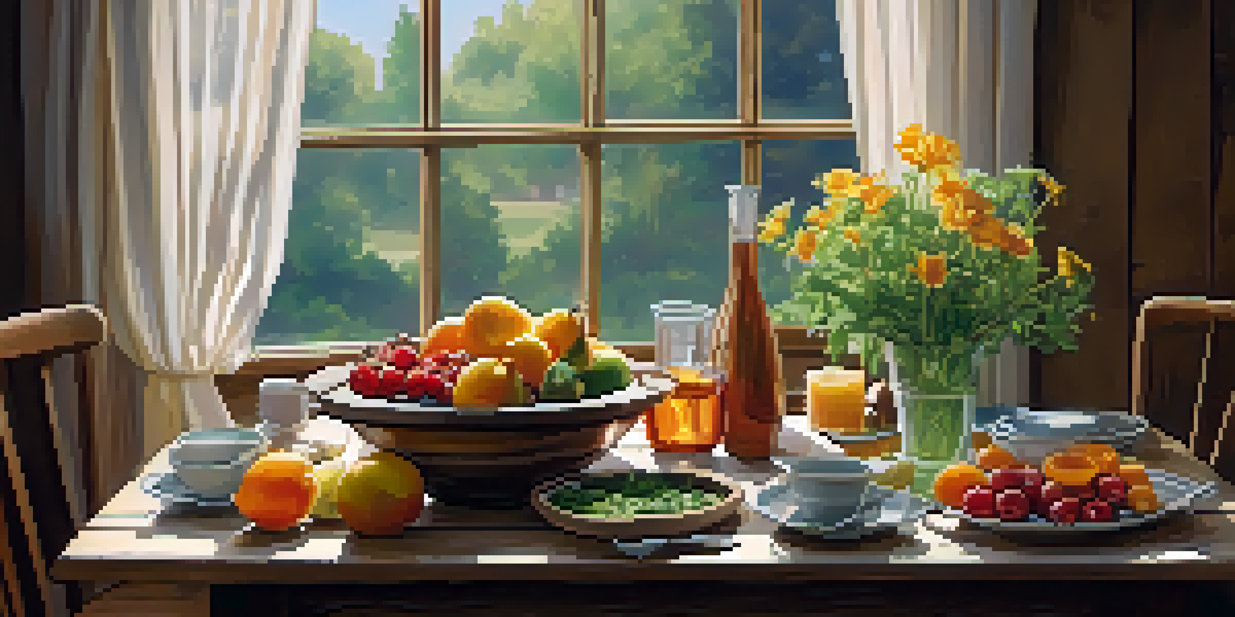 A peaceful dining table with vibrant fruits, vegetables, and a bowl of soup, illuminated by soft natural light.