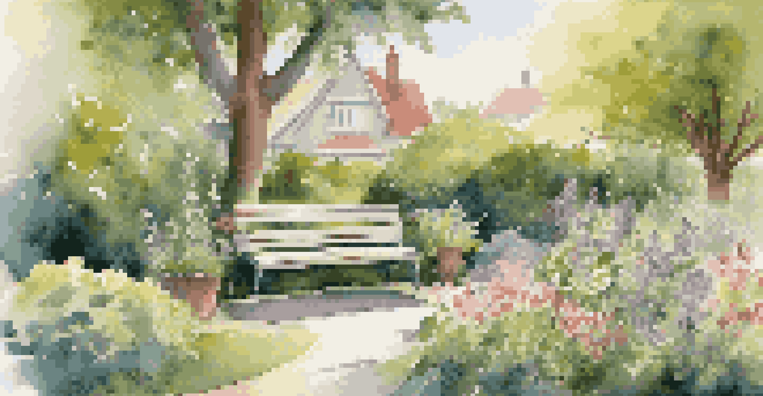A tranquil corner of a community garden with a bench surrounded by blooming flowers and a person enjoying the peaceful nature.