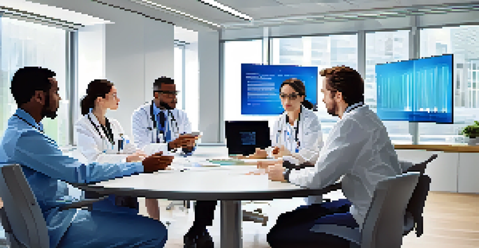 A diverse group of healthcare professionals discussing digital health policies in a bright conference room with digital screens displaying medical data.