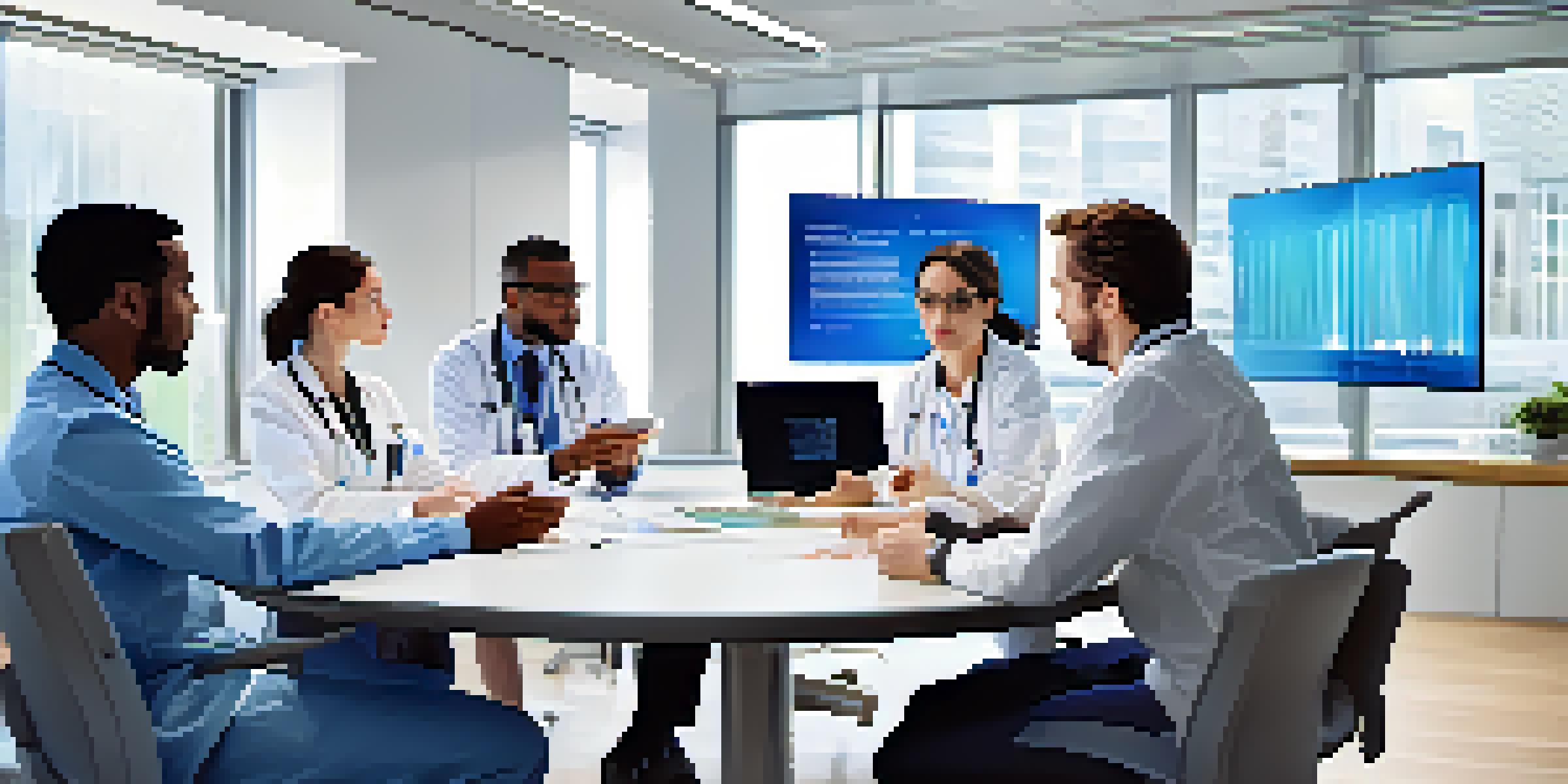 A diverse group of healthcare professionals discussing digital health policies in a bright conference room with digital screens displaying medical data.