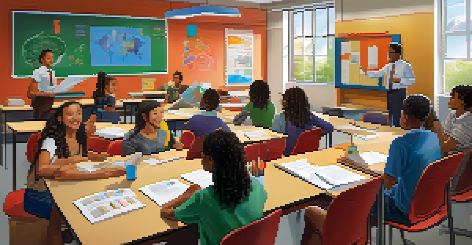 A classroom with students from diverse backgrounds participating in a group discussion, surrounded by colorful learning materials and a teacher guiding them.