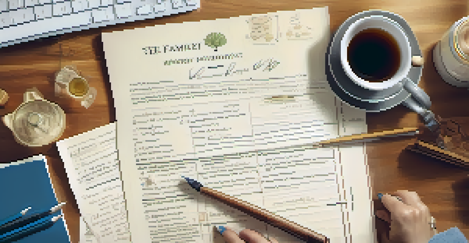 A caregiver filling out a family health history document with a cup of tea and a notepad in the background.