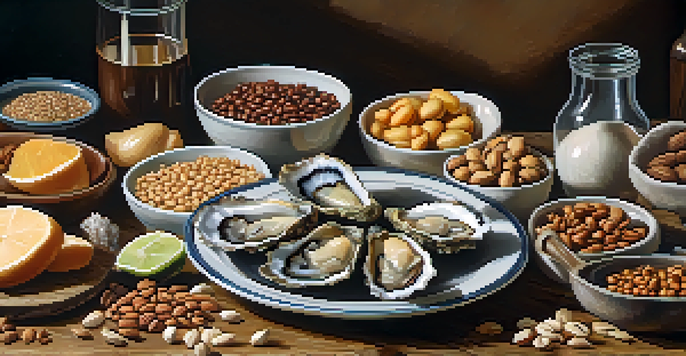 A close-up of various zinc-rich foods like oysters, legumes, nuts, and whole grains on a wooden table, softly lit to emphasize texture.