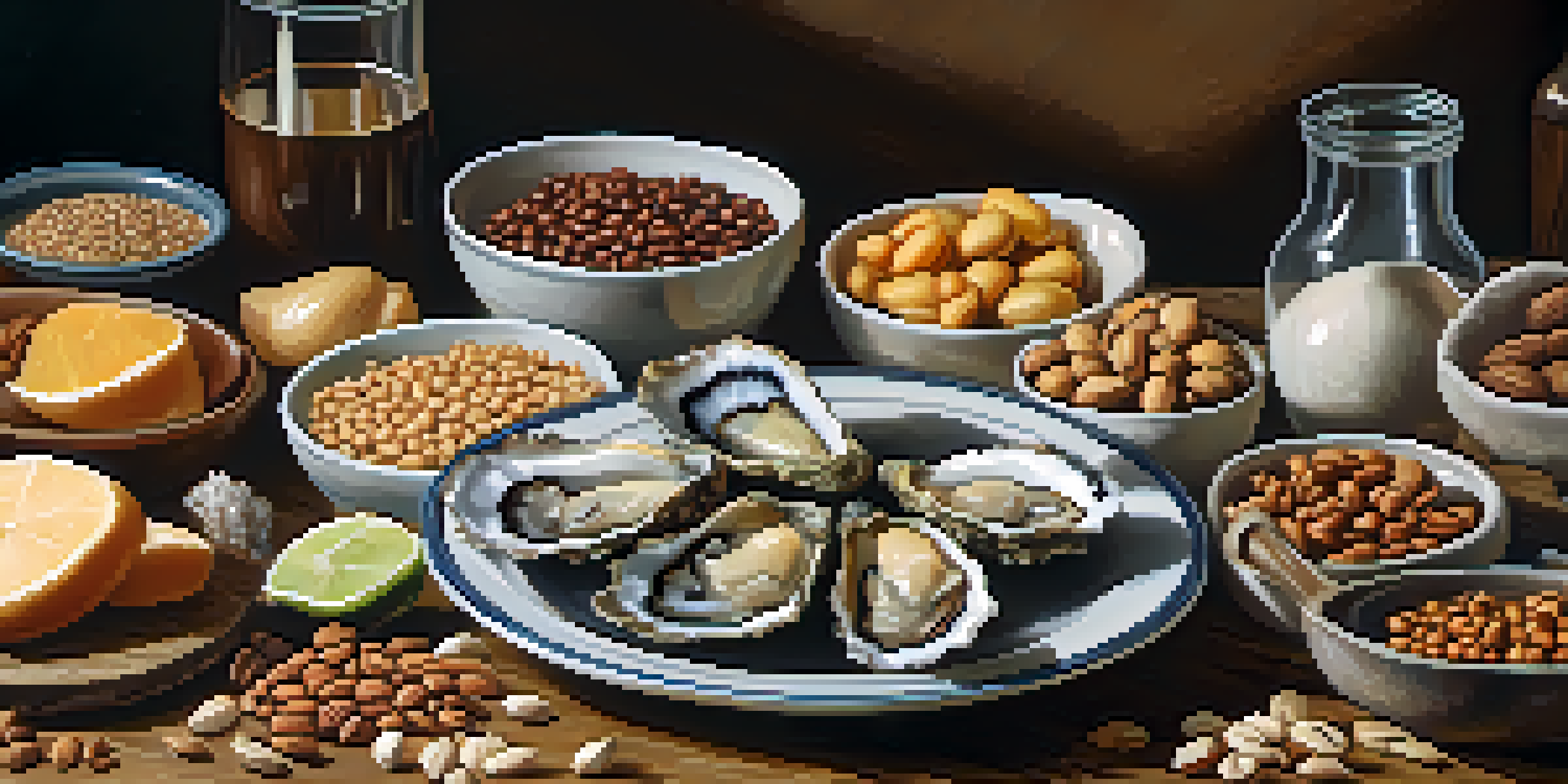 A close-up of various zinc-rich foods like oysters, legumes, nuts, and whole grains on a wooden table, softly lit to emphasize texture.