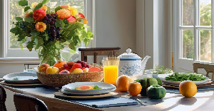 A neatly set dining table with colorful healthy foods, sunlight illuminating the scene and creating a peaceful ambiance.