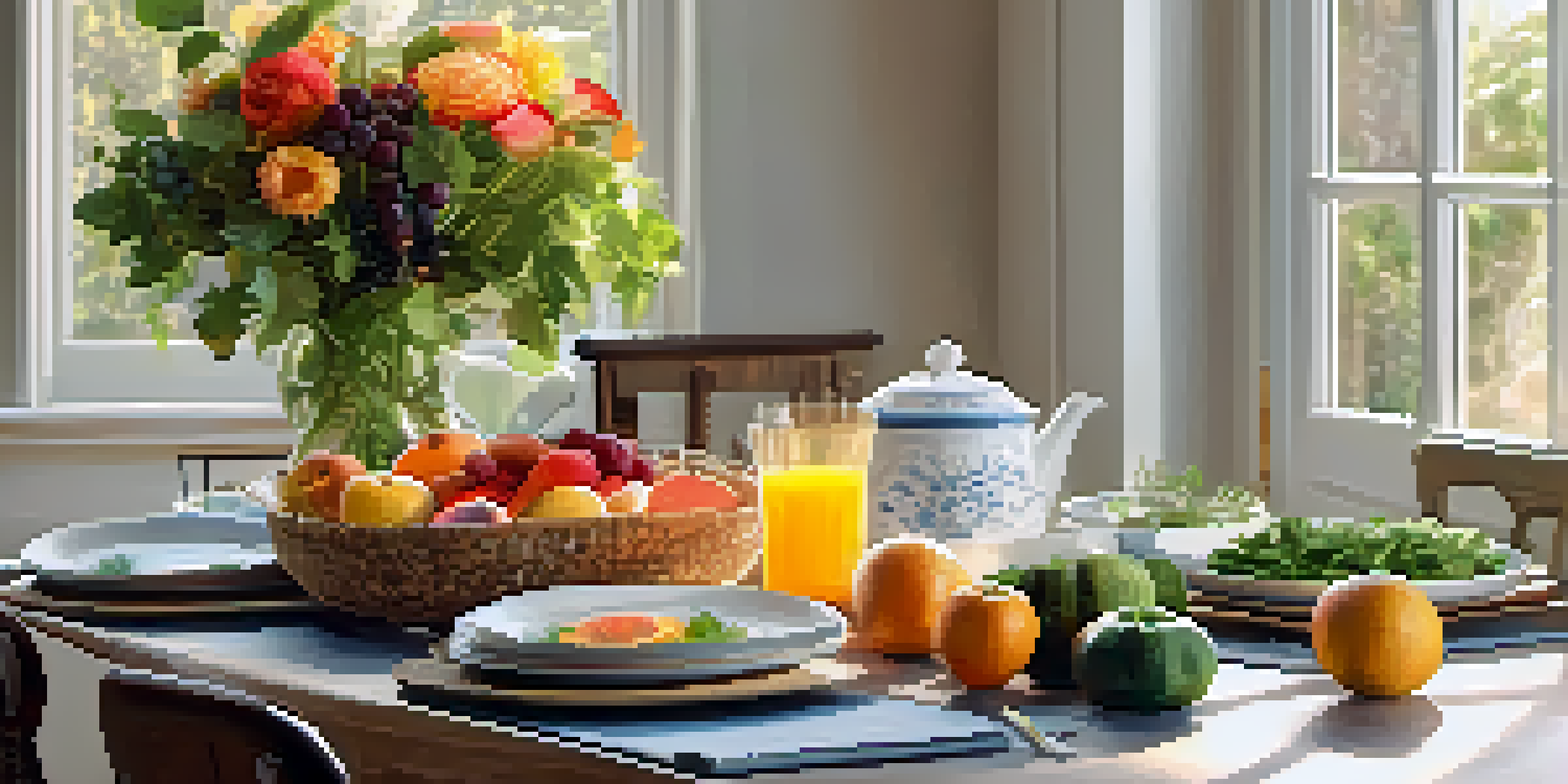 A neatly set dining table with colorful healthy foods, sunlight illuminating the scene and creating a peaceful ambiance.
