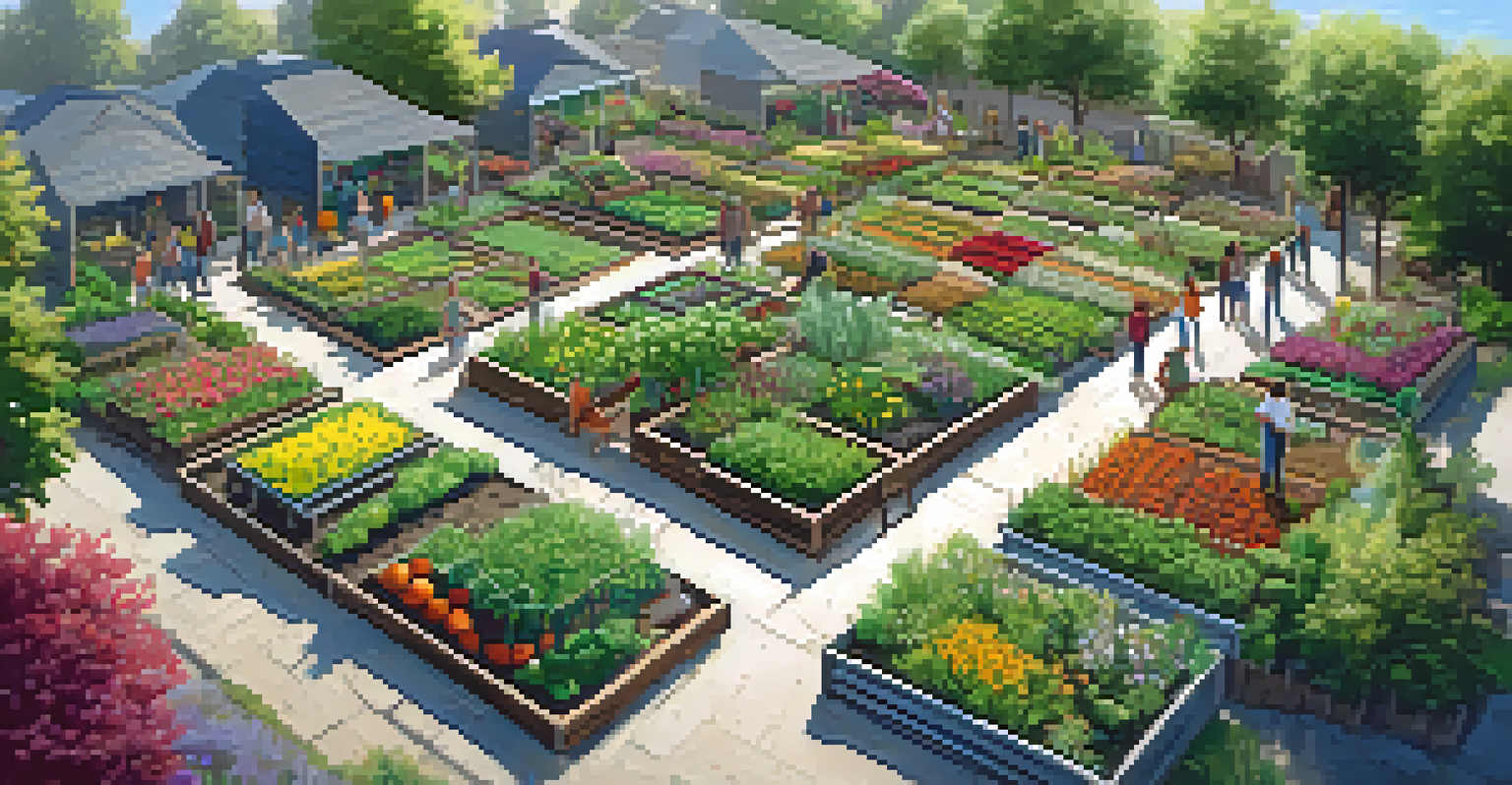 Aerial view of a vibrant community garden with diverse plots and people working among greenery and flowers.