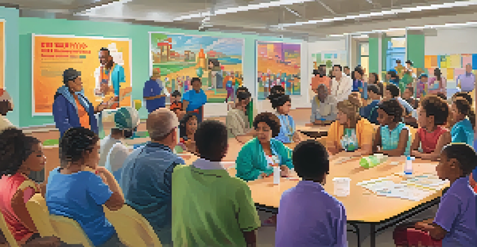 A diverse group of individuals attending a vaccination workshop in a community center, with educational posters and a healthcare professional speaking to them.