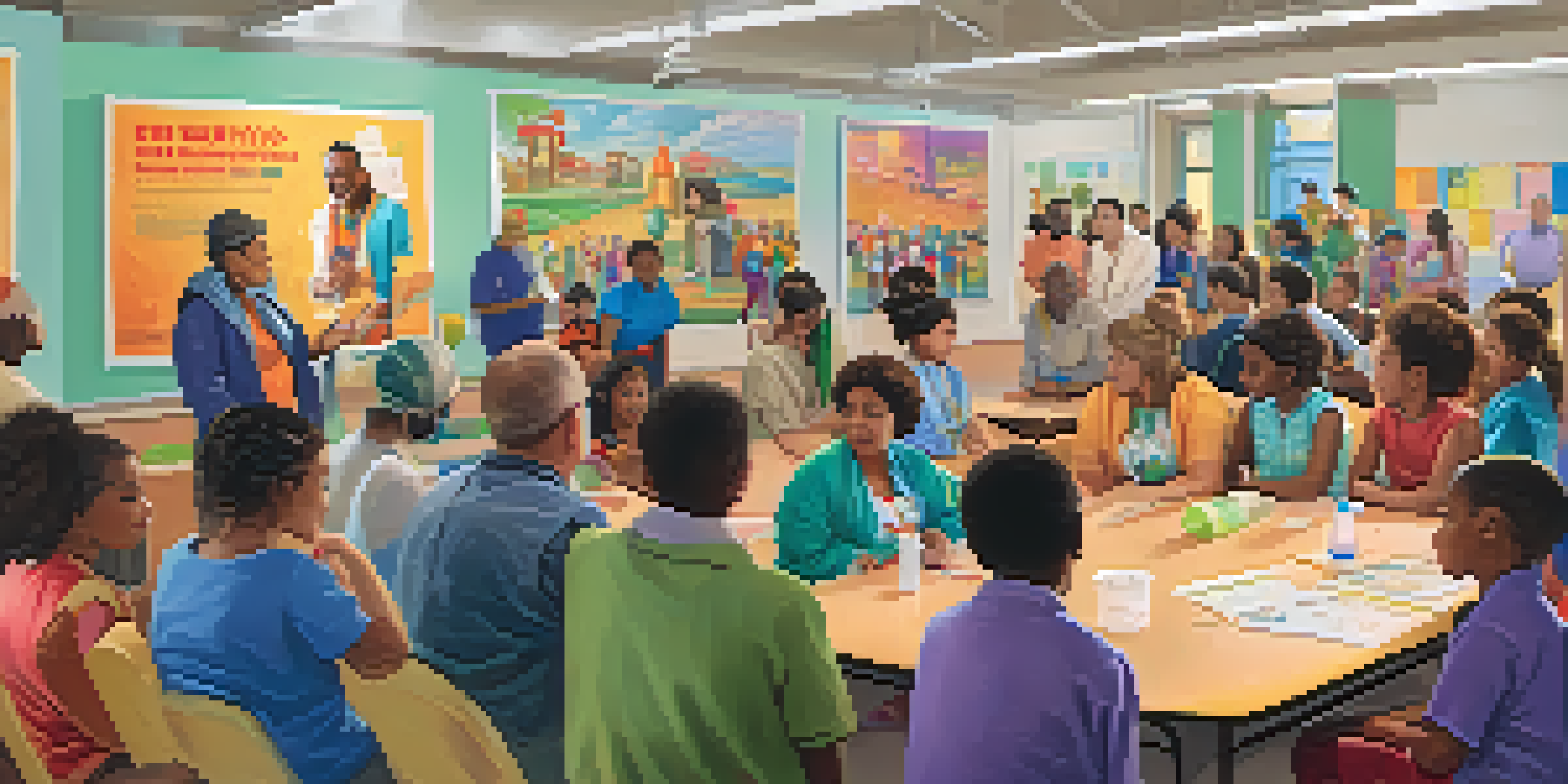 A diverse group of individuals attending a vaccination workshop in a community center, with educational posters and a healthcare professional speaking to them.