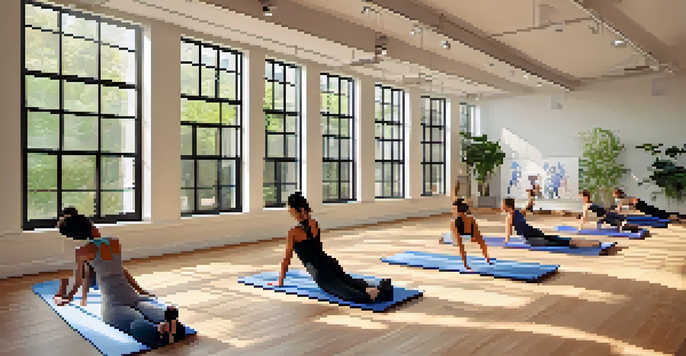 A Pilates studio with people of various backgrounds practicing on mats, surrounded by natural light and Pilates equipment.