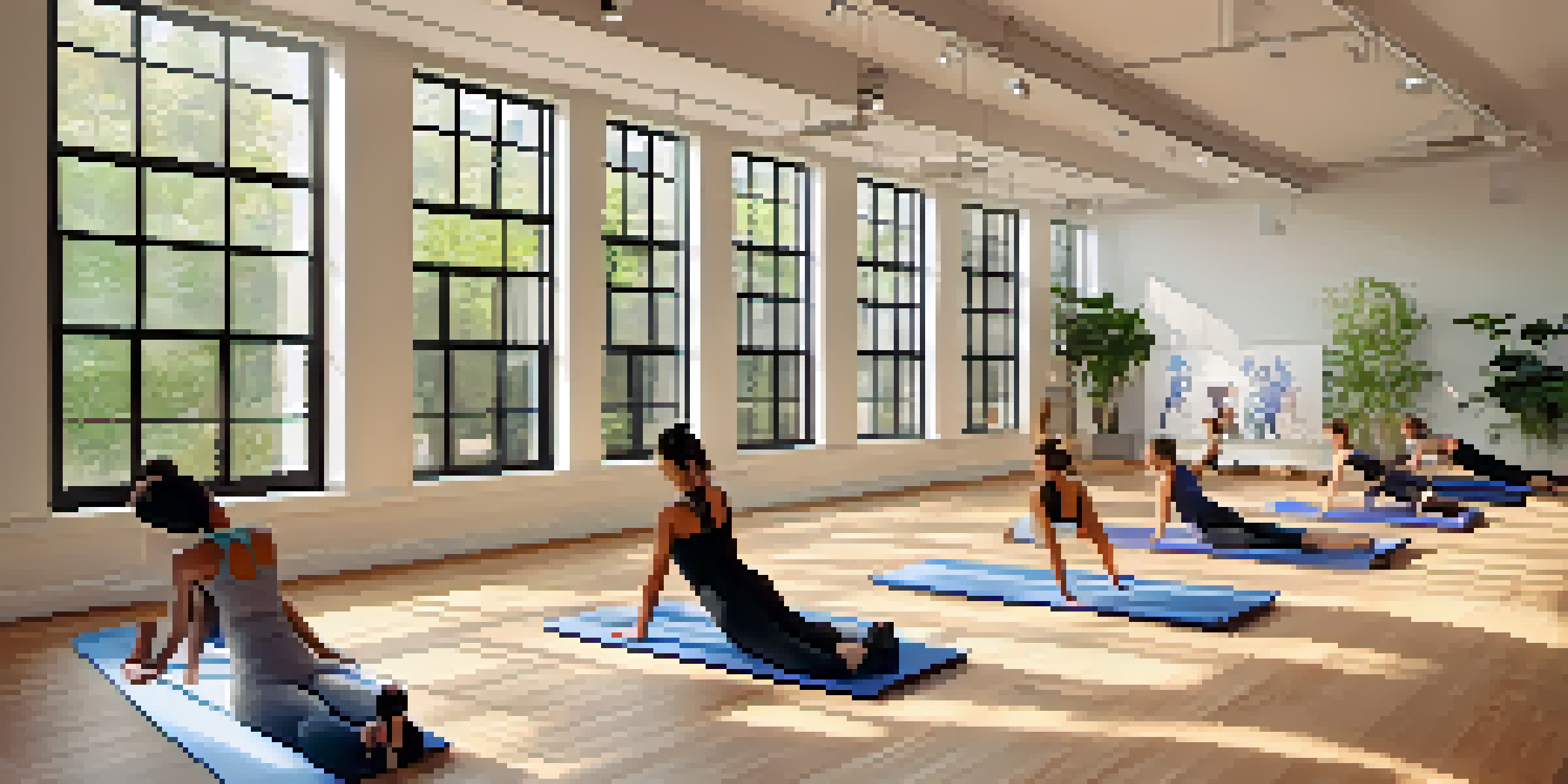 A Pilates studio with people of various backgrounds practicing on mats, surrounded by natural light and Pilates equipment.