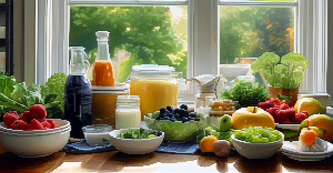 A kitchen table filled with fresh, healthy foods like greens, fruits, and yogurt in soft natural light.