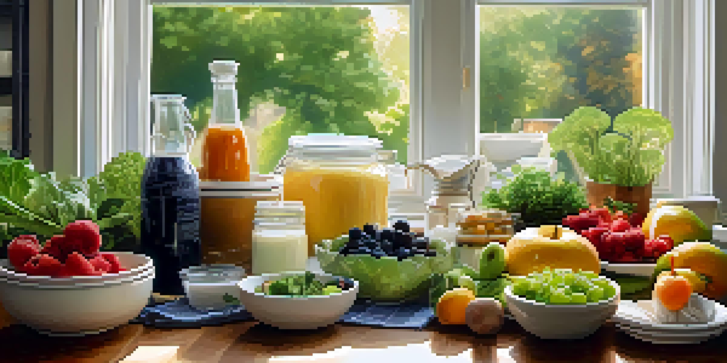 A kitchen table filled with fresh, healthy foods like greens, fruits, and yogurt in soft natural light.
