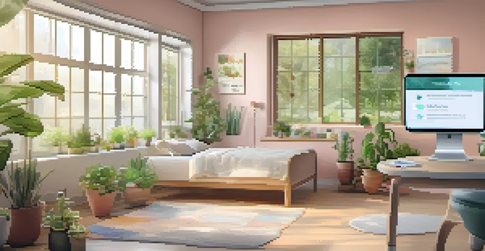 A patient in a bright and calming room using a digital health app on a tablet, surrounded by plants.