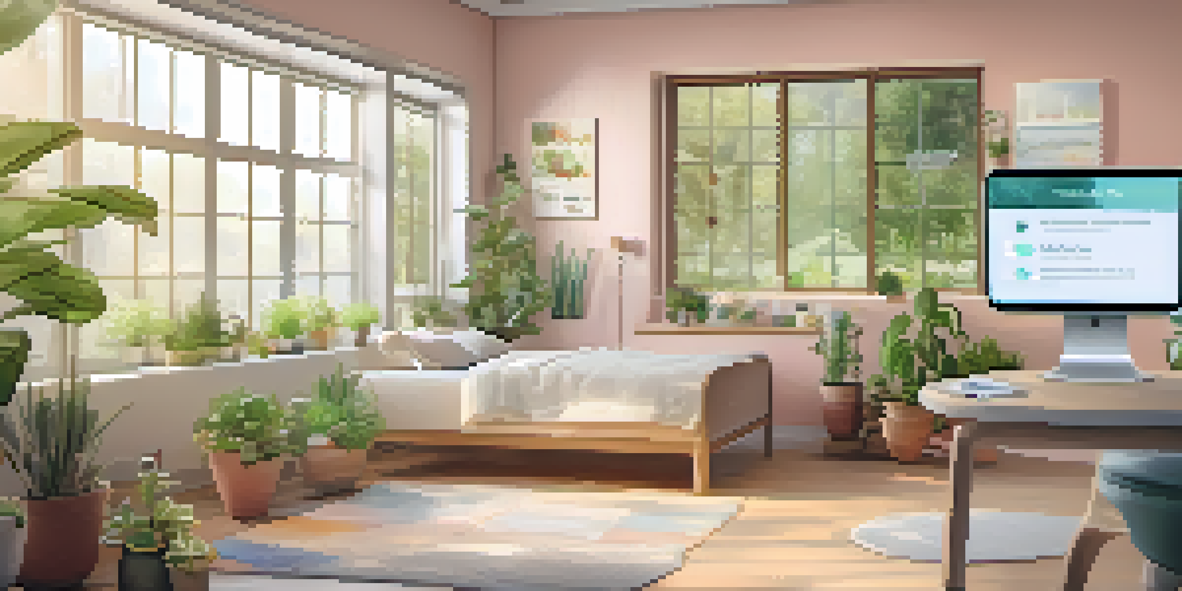 A patient in a bright and calming room using a digital health app on a tablet, surrounded by plants.