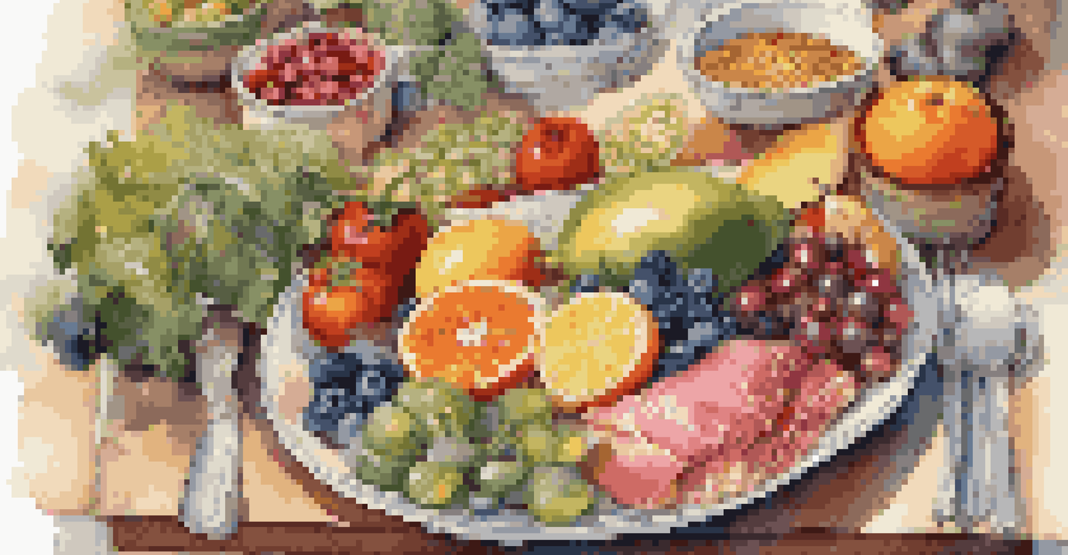 A nutritious meal with a variety of colorful fruits, vegetables, and grains, beautifully arranged on a table in a cozy kitchen.