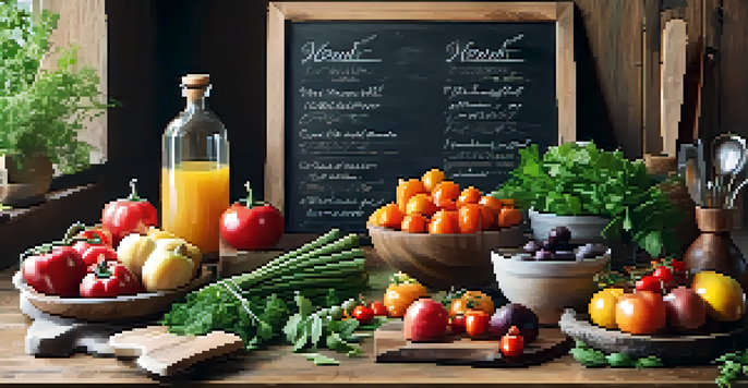 A table set for a healthy cooking workshop with fresh vegetables, fruits, and cooking tools, illuminated by natural light.