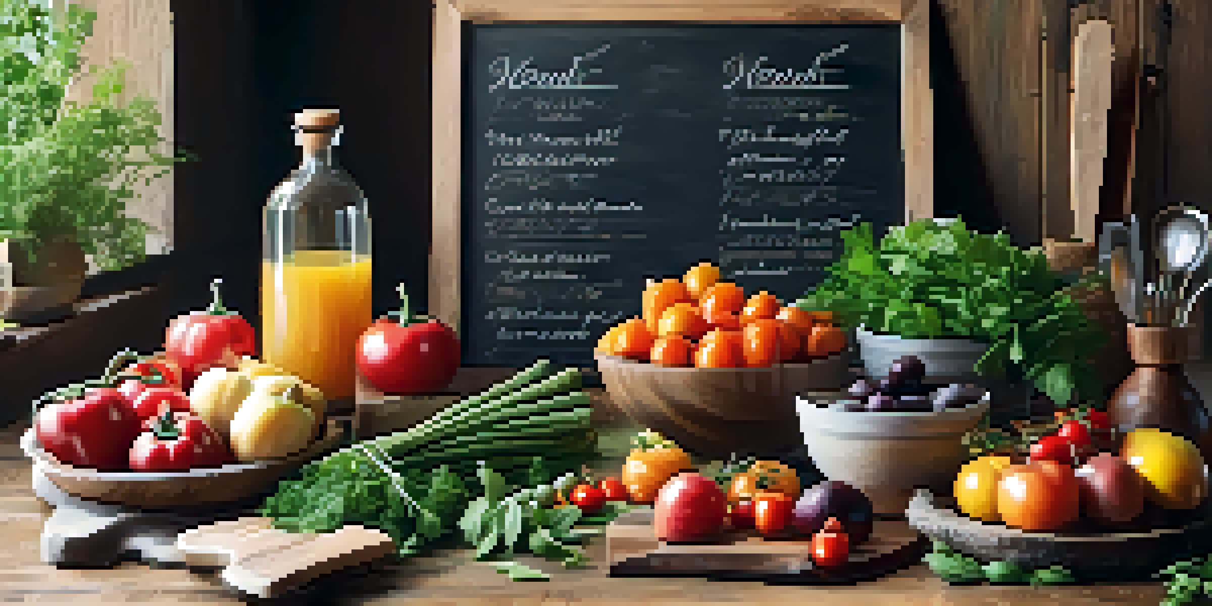 A table set for a healthy cooking workshop with fresh vegetables, fruits, and cooking tools, illuminated by natural light.