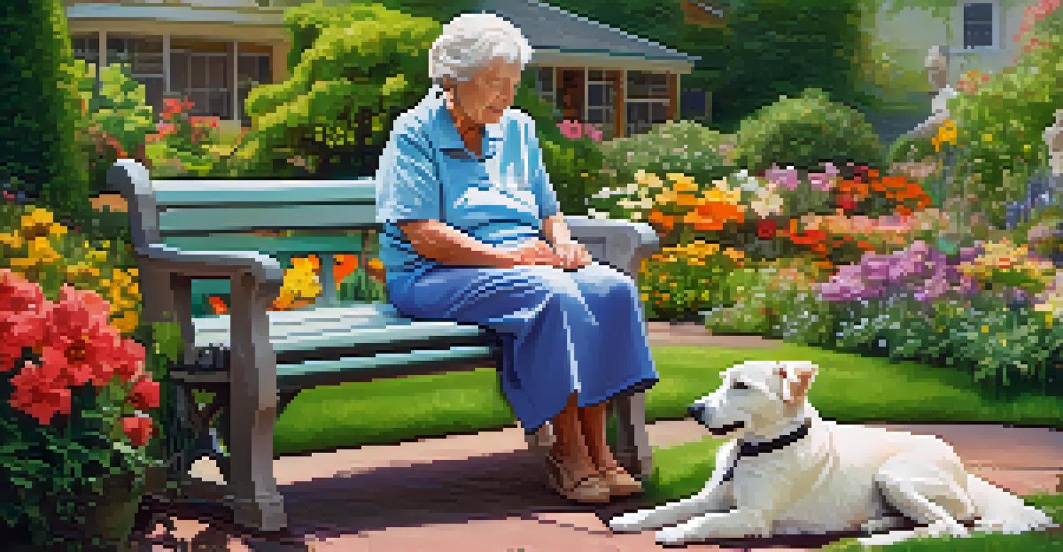 An elderly woman with a therapy dog in a vibrant nursing home garden filled with flowers and butterflies.