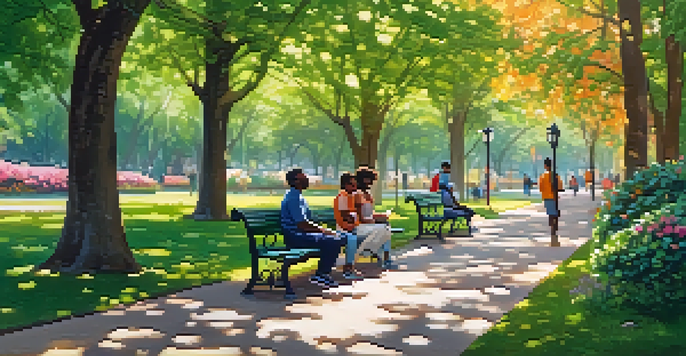 A peaceful park with people discussing mental health on benches, surrounded by green trees and blooming flowers.