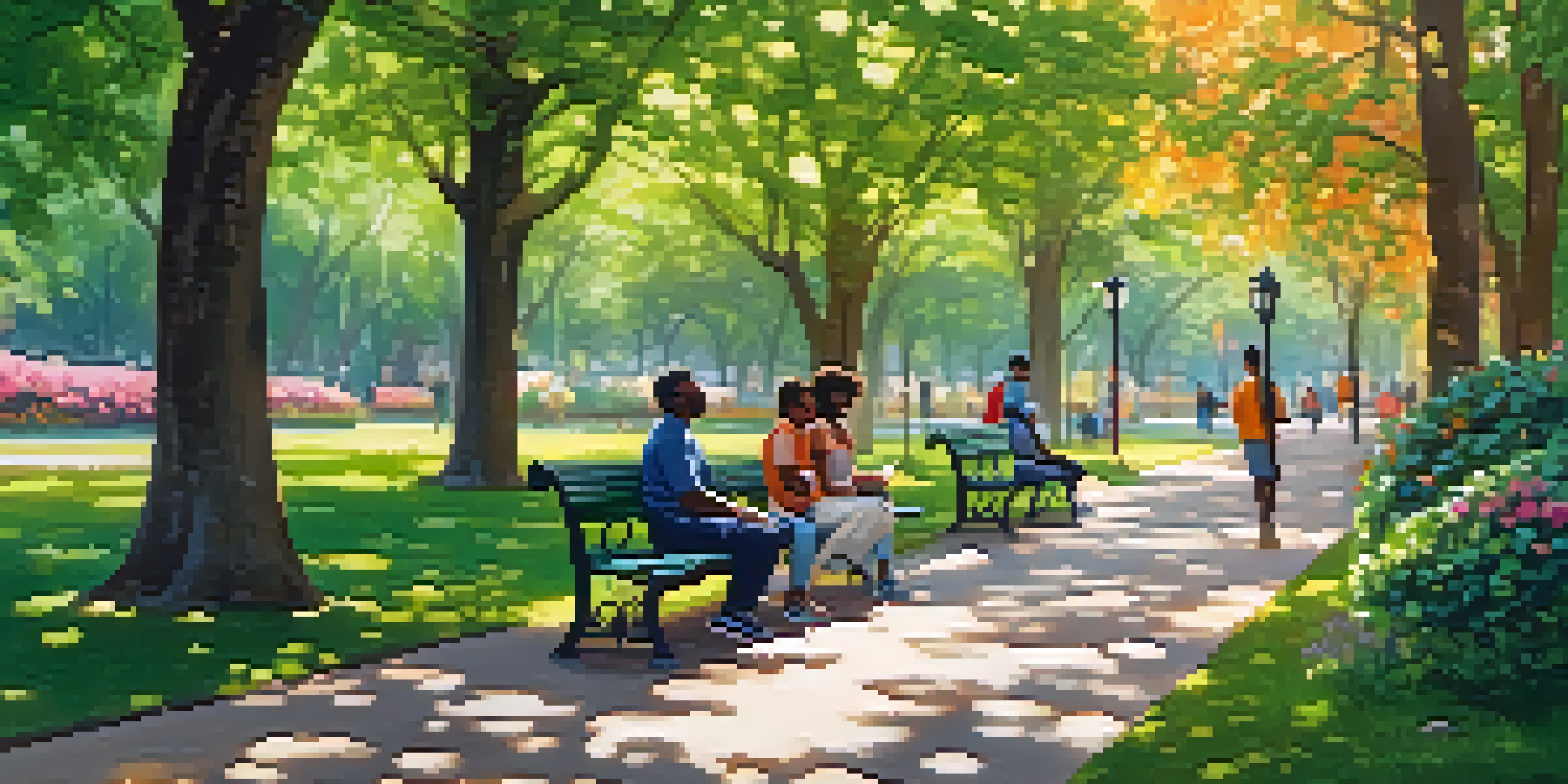 A peaceful park with people discussing mental health on benches, surrounded by green trees and blooming flowers.
